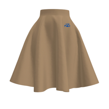 Short Skirt Tan A-line skirt with a blue logo on the front.