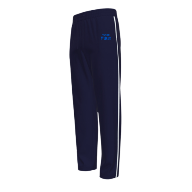 Athletic Pants Navy athletic pants with white side stripes and a blue logo.