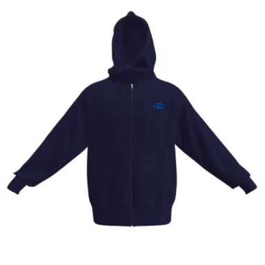 Hoodie Navy blue zip-up hoodie with kangaroo pockets and a hood.