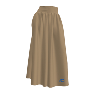Long skirt Beige long skirt with a gathered design and a blue logo on the hem.