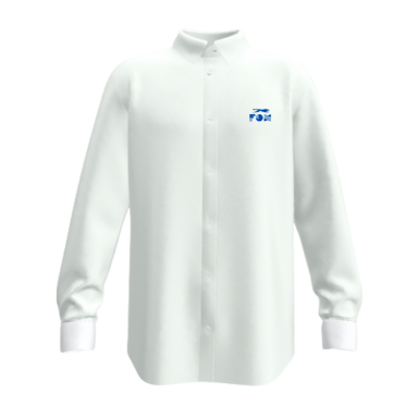 Long Sleeve Formal Shirt White long-sleeve shirt with a stand-up collar and a blue logo on the left side.