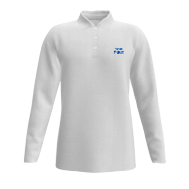 Long Sleeve Polo Shirt White long-sleeve polo shirt with a blue logo on the chest.