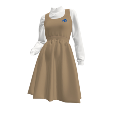Pinafore Brown dress with a fitted waist and a white long-sleeve shirt underneath.