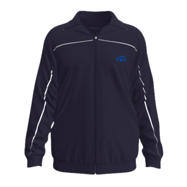 Athletic Jacket Navy athletic jacket with white trim and a small blue logo on the chest.