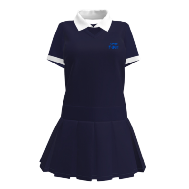 Polo Dress Navy polo dress with white collar and blue logo on the chest.