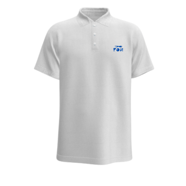 Short Sleeve Polo Shirt White short-sleeve polo shirt featuring a blue logo on the left chest.