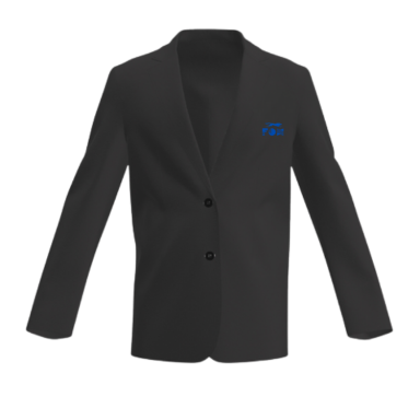 Blazer Black blazer with a blue logo on the left chest pocket.